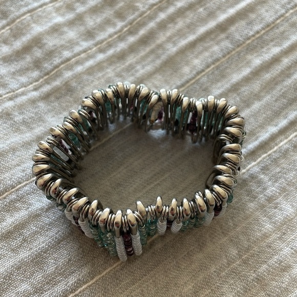 Boho Beaded Safety Pin Handcrafted Bracelet Stretch Unique Wide Jewelry Artsy - Picture 3 of 6